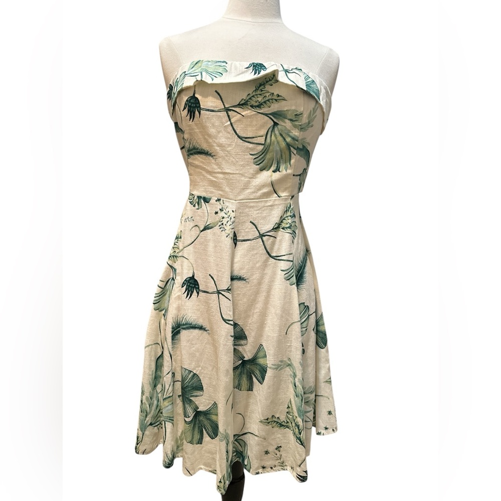 Aakaa Strapless Dress with Green Leaf Print